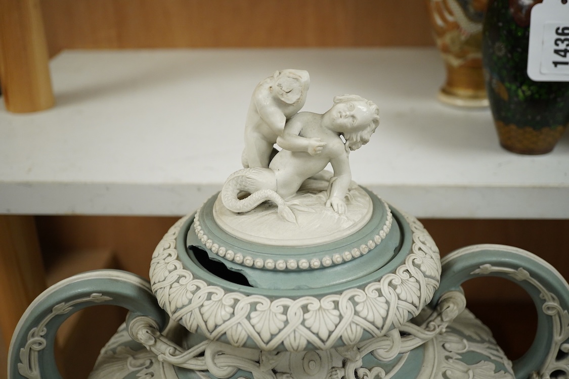 A large late 19th green jasperware two-handle vase and cover by J. Ridge, 58cm